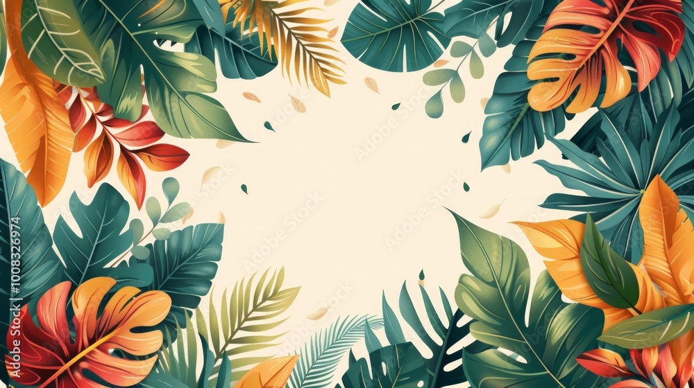 Surrounding the blank square are various colorful leaves and plants, adding a vibrant and lively touch to the scene. Surrounding the blank square are various colorful leaves and plants, adding a vibrant and lively touch to the scene.