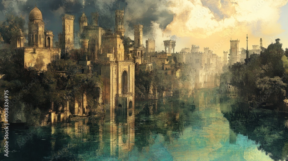 Obraz premium A picturesque, old city skyline with towering structures reflected in the water below.