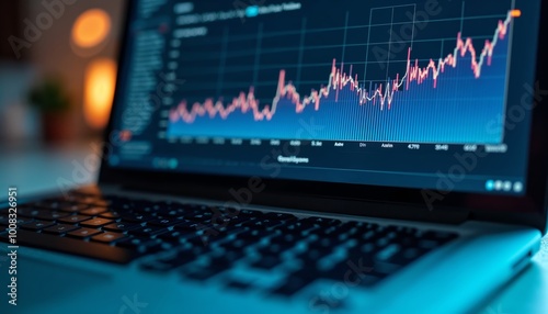 Futuristic Laptop Monitor Displaying Colorful Financial Charts and Graphs for Business Analysis