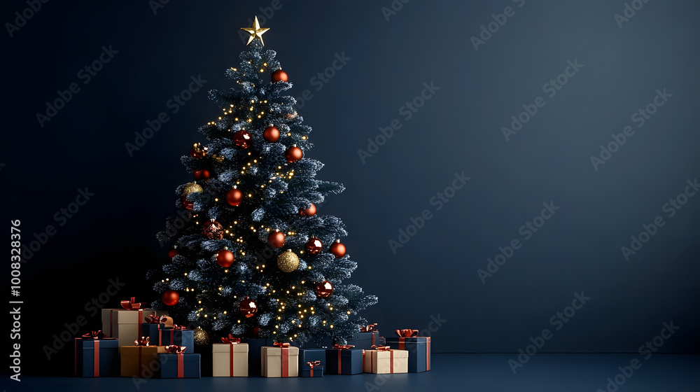 Fototapeta premium Christmas tree with decoration in the navy blue background.&nbsp;