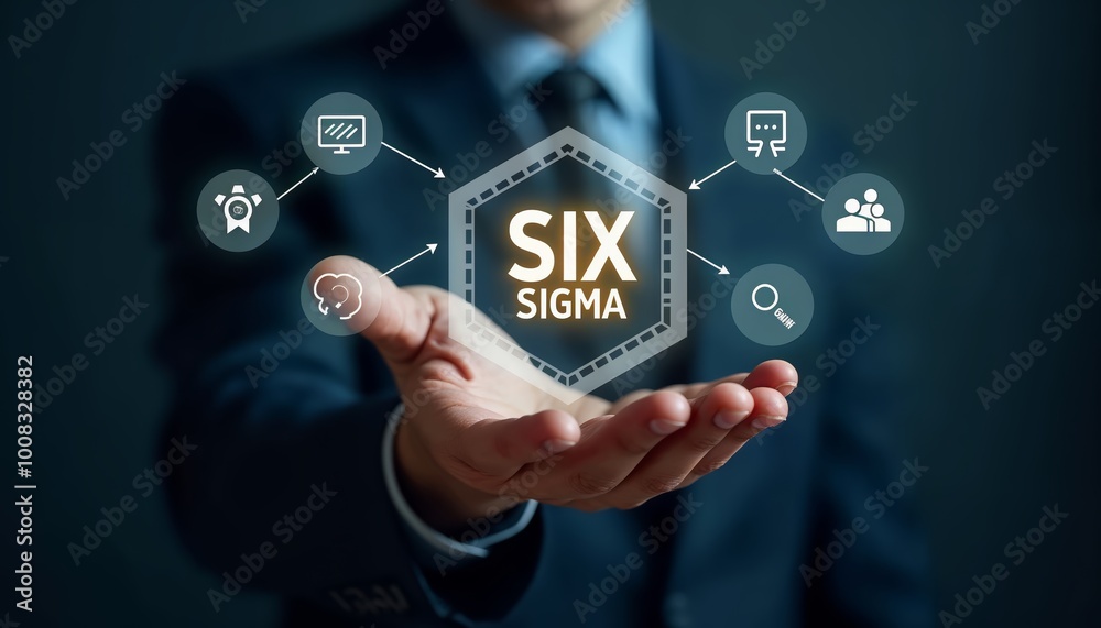 Businessman Showcasing Six Sigma Concept with Various Business Icons for Corporate Training and Quality Management Businessman Showcasing Six Sigma Concept with Various Business Icons for Corporate Training and Quality Management