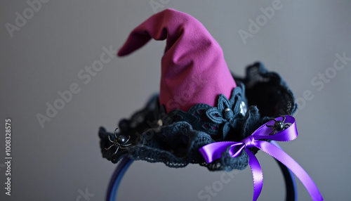 A close-up of a black witch hat headband adorned with purple ribbon, perfect for Halloween or cosplay events. Captures a whimsical, magical vibe.

