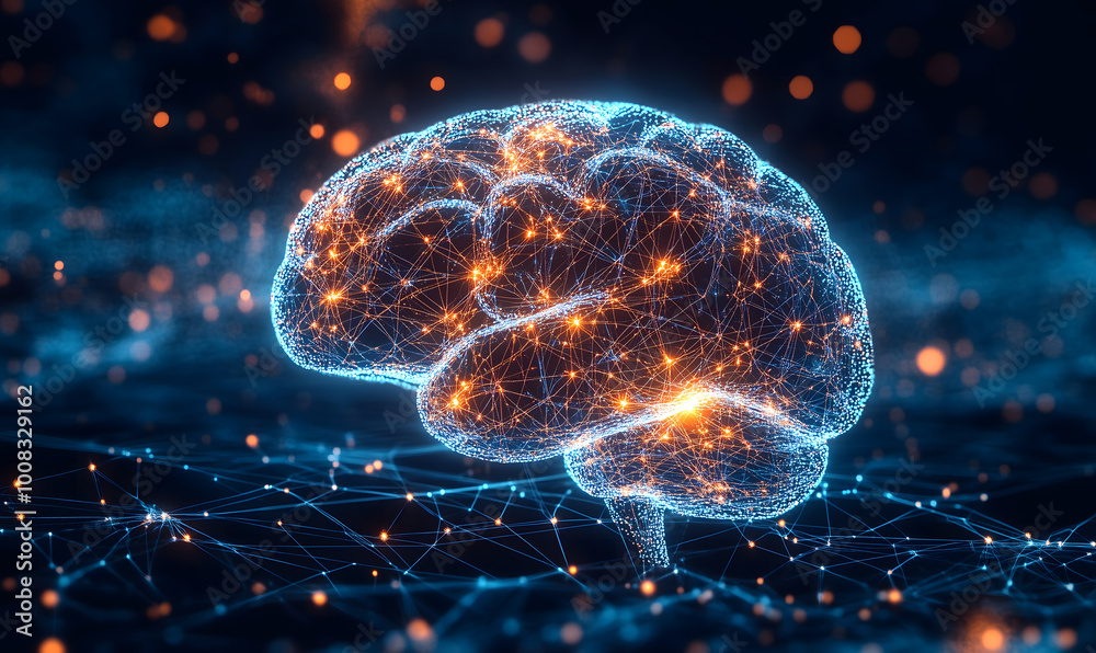 Illustration of a human brain with glowing neural connections and nodes, Concept symbolizing artificial intelligence and neurological networks, Generative ai Illustration of a human brain with glowing neural connections and nodes, Concept symbolizing artificial intelligence and neurological networks, Generative ai
