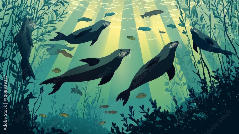A group of seals swim through a kelp forest, sunlight streaming through the water above. A group of seals swim through a kelp forest, sunlight streaming through the water above.