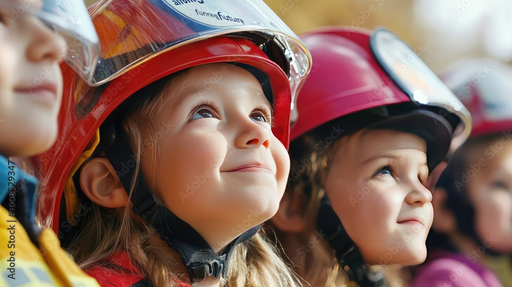 Close-Up of Happy Children in Firefighter Helmets Looking at the Sky on a Sunny Day Close-Up of Happy Children in Firefighter Helmets Looking at the Sky on a Sunny Day