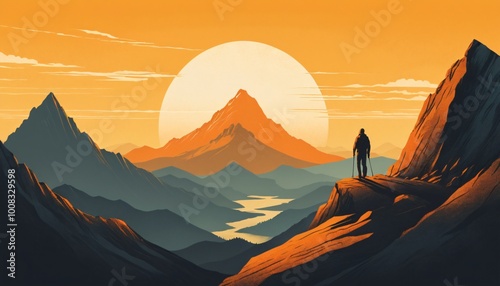 hikers or climbing on sunset mountain landscape illustration background