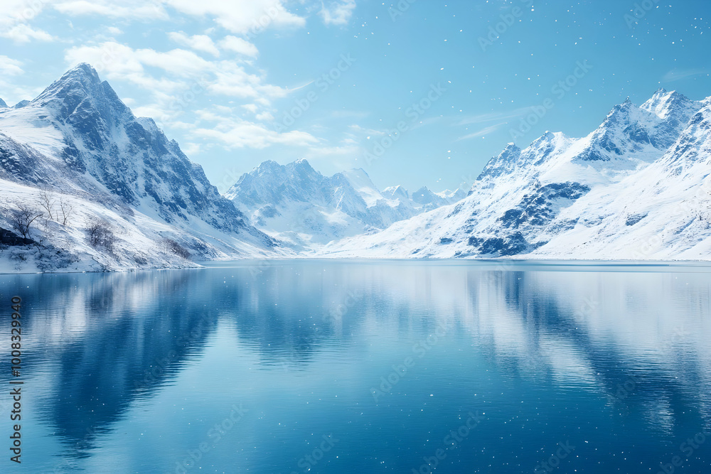 Realistic Snowy Mountainscape Reflected in a Serene Lake
