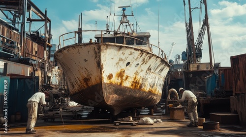 The ship's maintenance team performing important tasks on the ship photo