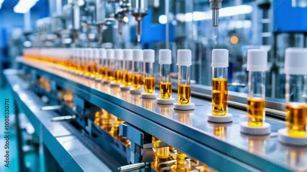 Bottles of Liquid Ampules Moving on a Conveyor Belt in a Manufacturing Facility Bottles of Liquid Ampules Moving on a Conveyor Belt in a Manufacturing Facility