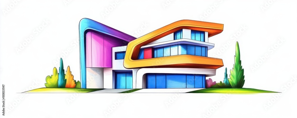 Modern sculpture architectural theme cartoon drawing colored pastel Modern sculpture architectural theme cartoon drawing colored pastel