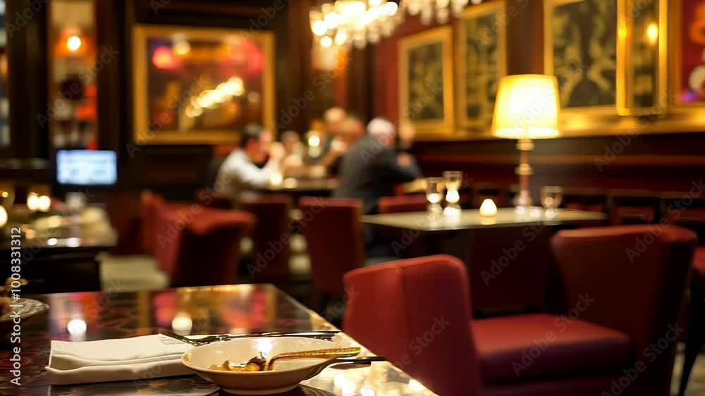 Elegant dining ambiance in a cozy restaurant setting with warm lighting and patrons enjoying their meals, 4k footage Elegant dining ambiance in a cozy restaurant setting with warm lighting and patrons enjoying their meals, 4k footage