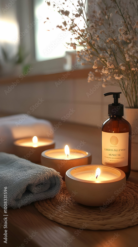 Relaxing Photo of Candles, Towels, and Flowers for a Spa Day Relaxing Photo of Candles, Towels, and Flowers for a Spa Day