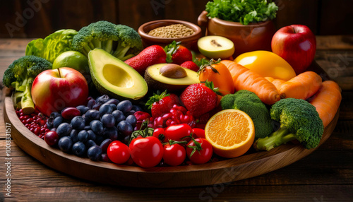 A close-up of a beautifully arranged healthy meal, featuring colorful fruits and vegetables