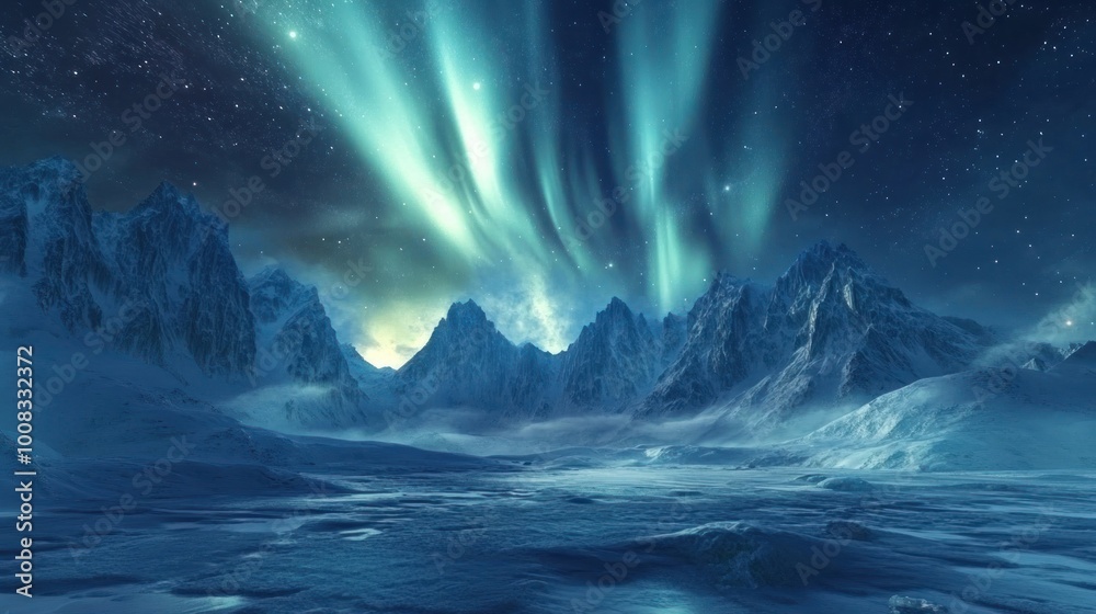 Naklejka premium A breathtaking aurora borealis display illuminates a snow-covered mountain range under a star-studded sky.