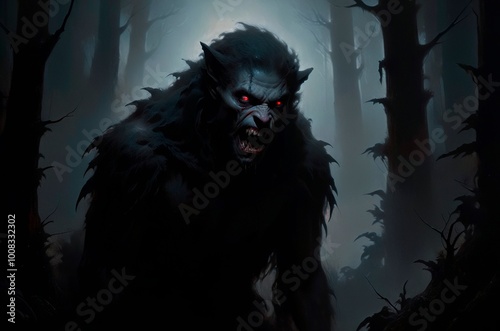 A menacing scary werewolf with glowing red eyes stands in a dark, foggy forest at full moon night. Horror gothic art Halloween painting illustration.	 photo