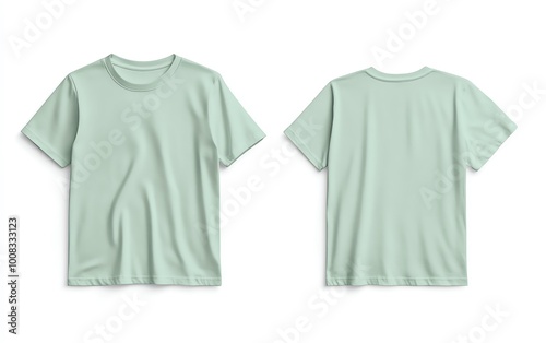 Front and back view mockup of a plain pastel pink tshirt on a white background, displayed side by side, smooth texture, realistic shadow effects, minimalistic design, sharp edges