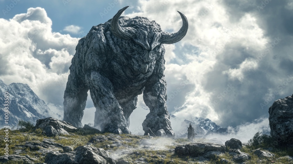 A giant stone bull stands on a mountaintop, a lone figure looks up in awe. A giant stone bull stands on a mountaintop, a lone figure looks up in awe.