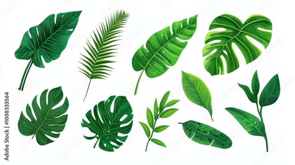 A collection of various green leaves, showcasing different shapes and textures, ideal for nature-themed designs or botanical illustrations.