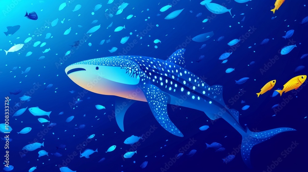 A large, spotted whale shark swims through a school of fish in a deep blue ocean. A large, spotted whale shark swims through a school of fish in a deep blue ocean.