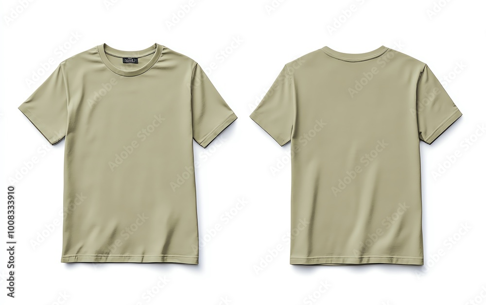 Naklejka premium Front and back view mockup of a plain pastel pink tshirt on a white background, displayed side by side, smooth texture, realistic shadow effects, minimalistic design, sharp edges