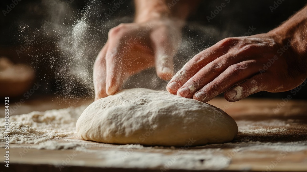 Close-Up of Hands Kneading Dough with Flour Swirling, Rustic Baking Scene Close-Up of Hands Kneading Dough with Flour Swirling, Rustic Baking Scene
