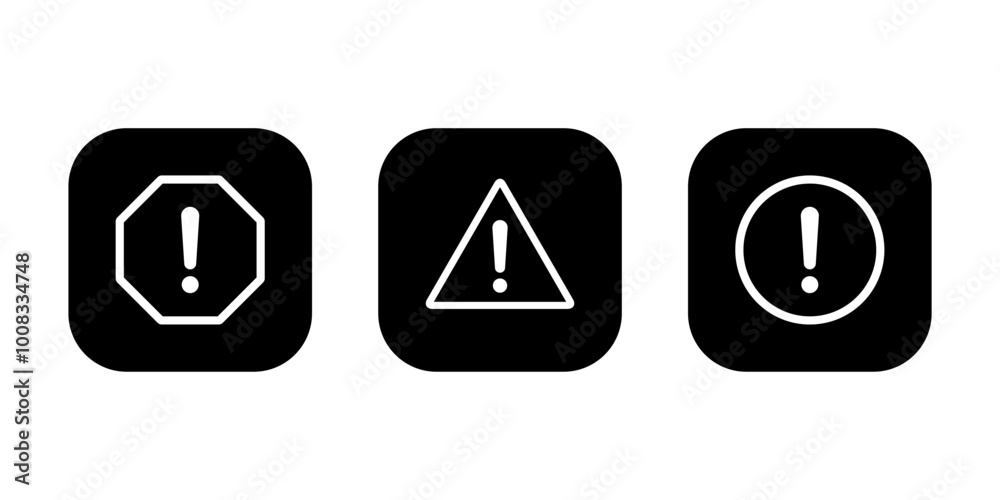 Risk, warning sign icon set on black square. Danger caution symbol