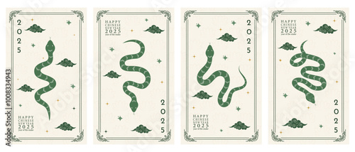 Vector set of Happy Chinese New Year 2025 vertical posters. Backgrounds with a snake and clouds. Vector illustration.