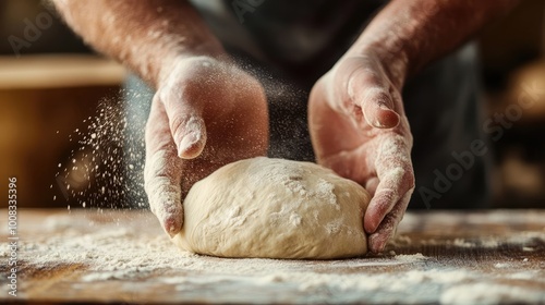 Close-Up of Hands Kneading Dough with Flour Swirling, Rustic Baking Scene