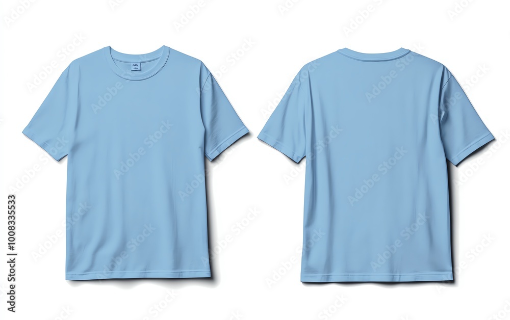 Naklejka premium Front and back view mockup of a plain pastel pink tshirt on a white background, displayed side by side, smooth texture, realistic shadow effects, minimalistic design, sharp edges