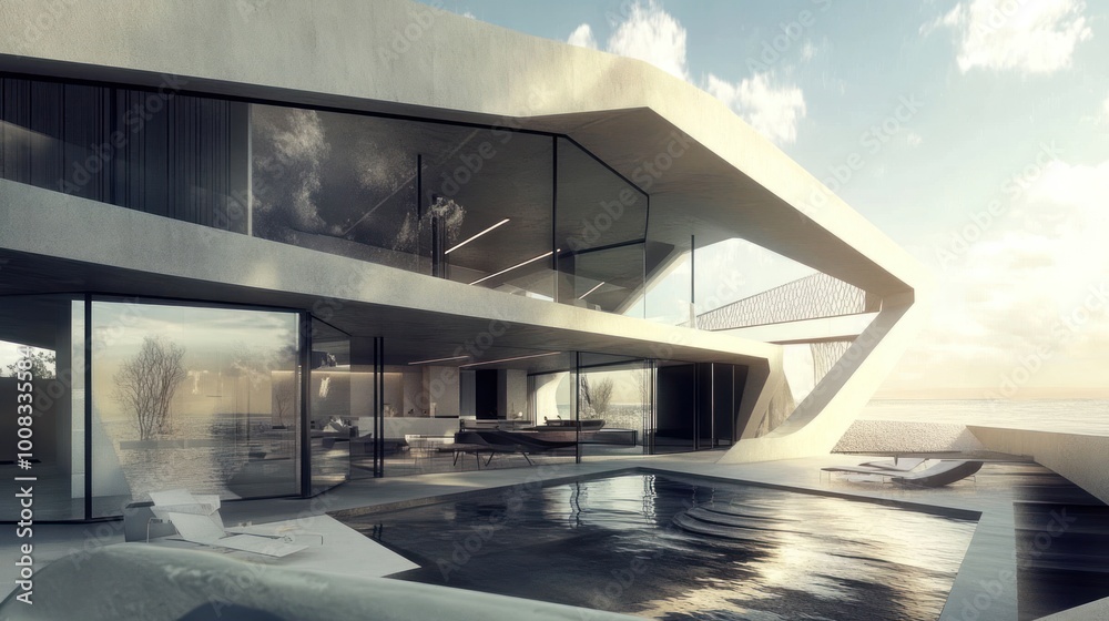 Fototapeta premium Modern home with a swimming pool and large windows overlooking the sea.