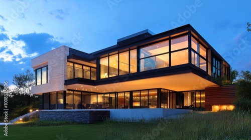 Modern house with large windows and stone facade at dusk.