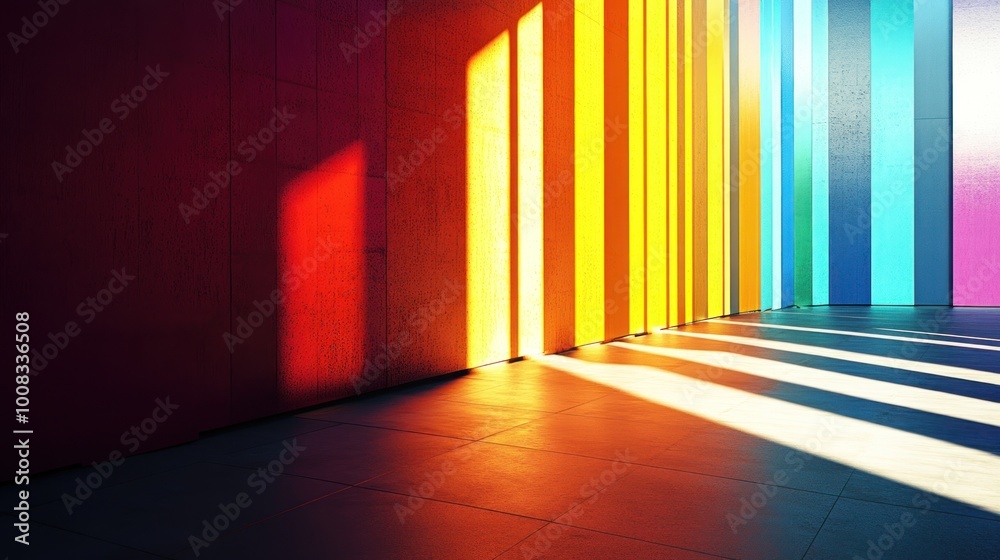 Colorful striped wall with sunlight casting shadows on the tiled floor. Colorful striped wall with sunlight casting shadows on the tiled floor.