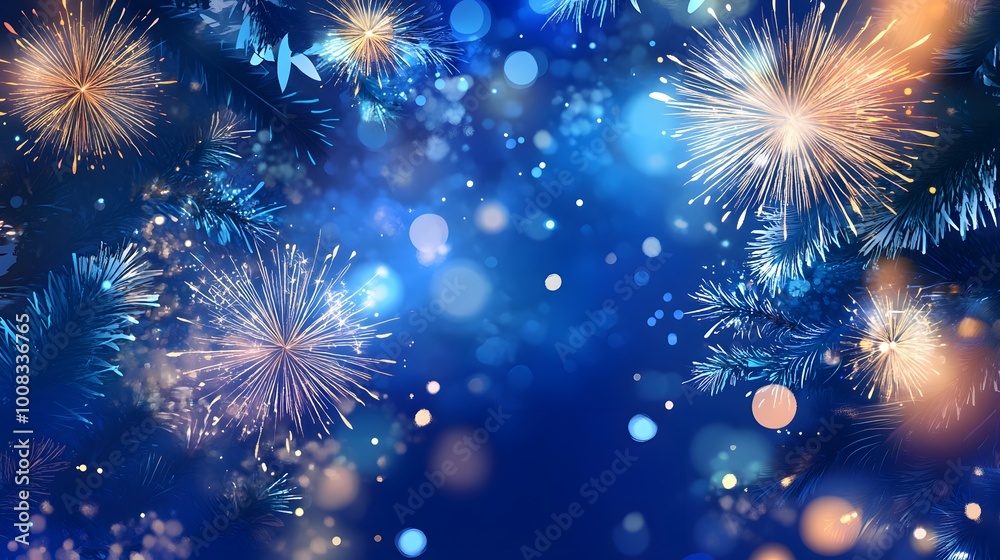 A festive blue background with sparkling lights and fireworks. A festive blue background with sparkling lights and fireworks.