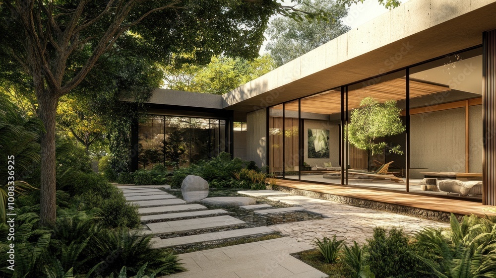 Stone pathway leading to a modern home with large windows and a lush garden. Stone pathway leading to a modern home with large windows and a lush garden.