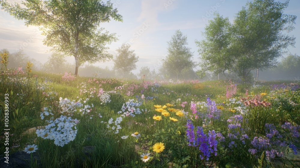 Fototapeta premium A lush meadow with wildflowers and trees in the soft morning light.