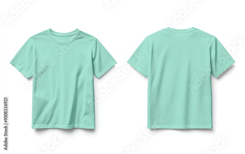 Front and back view mockup of a plain pastel pink tshirt on a white background, displayed side by side, smooth texture, realistic shadow effects, minimalistic design, sharp edges