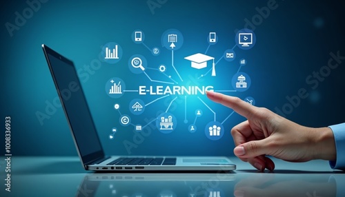 Engaging Laptop Screen with E-Learning Icons Perfect for Online Education Promotion photo