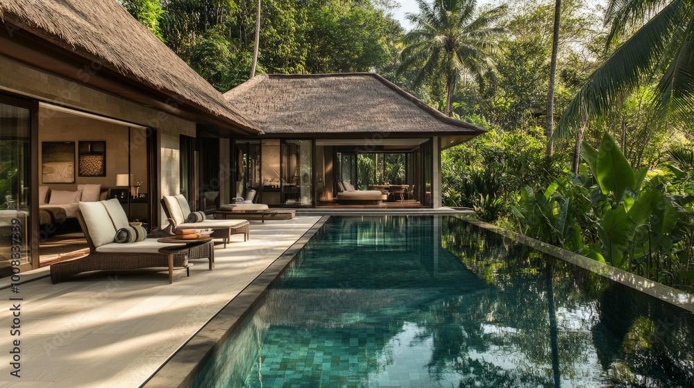 A luxurious villa with a private pool, surrounded by lush greenery. A luxurious villa with a private pool, surrounded by lush greenery.