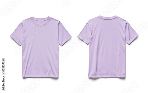 Front and back view mockup of a plain pastel pink tshirt on a white background, displayed side by side, smooth texture, realistic shadow effects, minimalistic design, sharp edges