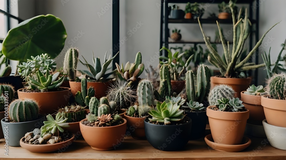 Stylish composition of home garden interior filled a lot of beautiful plants, cacti, succulents, air plant in different design pots. Home gardening concept Home jungle. Copy spcae. Template Stylish composition of home garden interior filled a lot of beautiful plants, cacti, succulents, air plant in different design pots. Home gardening concept Home jungle. Copy spcae. Template