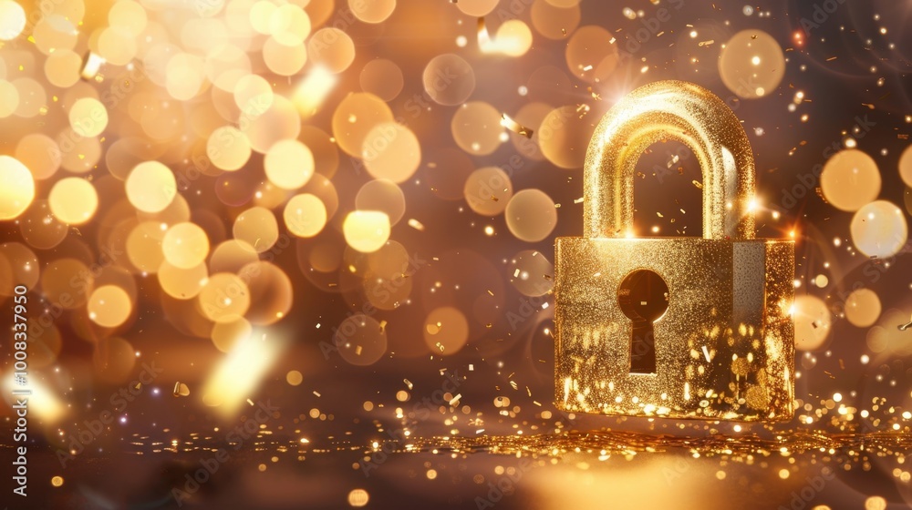 Golden Lock with Sparkling Bokeh Background Golden Lock with Sparkling Bokeh Background
