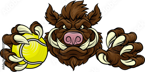 A wild boar, hog razorback warthog pig mean tough cartoon sports mascot holding a tennis ball