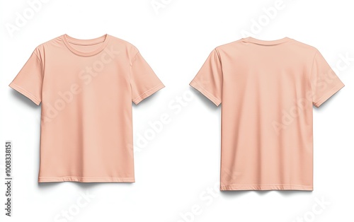 Front and back view mockup of a plain pastel pink tshirt on a white background, displayed side by side, smooth texture, realistic shadow effects, minimalistic design, sharp edges photo