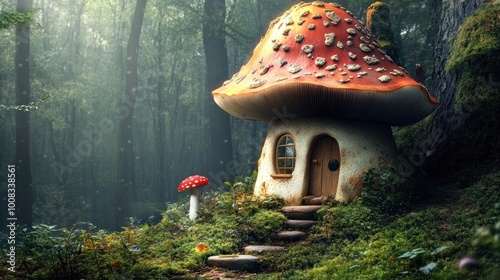 A mushroom house with a red roof and a wooden door in a misty forest. photo