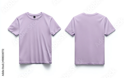 Front and back view mockup of a plain pastel pink tshirt on a white background, displayed side by side, smooth texture, realistic shadow effects, minimalistic design, sharp edges