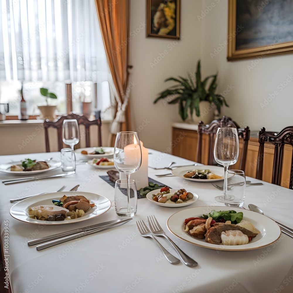 Fototapeta premium Stylish Dining Table Set with White Tablecloth