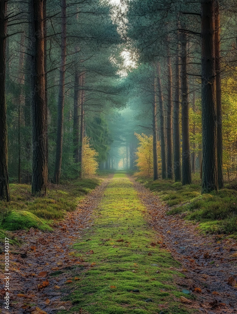 Fototapeta premium A misty forest path leading through tall trees with green moss and fallen leaves on the ground.