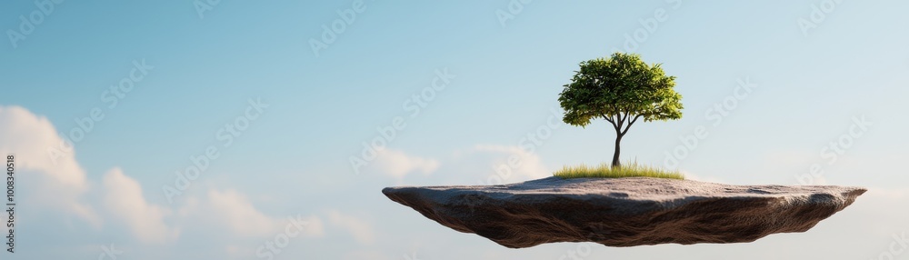 Lone tree on floating island against a clear blue sky, symbolizing nature's resilience. Lone tree on floating island against a clear blue sky, symbolizing nature's resilience.
