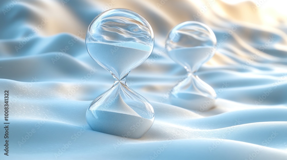Two hourglasses on a soft, wavy blue surface. Two hourglasses on a soft, wavy blue surface.