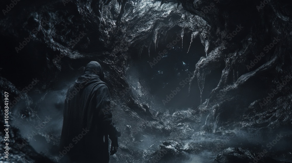 Obraz premium A hooded figure stands in a dark, shadowy cave, looking towards a mysterious opening.
